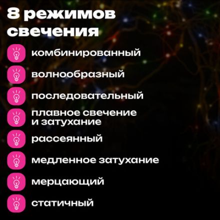 Электрогирлянда-нить комнатная "Стандарт" 5 м, 100 LED, мультицветная, 220 V, контроллер, ЗОЛОТАЯ СКАЗКА, 591099