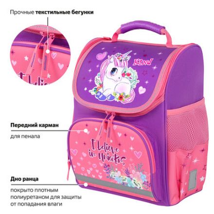 Ранец ПИФАГОР BASIC, 1 отделение, 3 кармана, эргономичная спинка, "Happy unicorn", 35х28х18 см, 271372 Ранец ПИФАГОР BASIC, 1 отделение, 3 кармана, эргономичная спинка, "Happy unicorn", 35х28х18 см, 271372