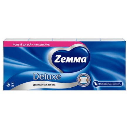 Платочки бумажные носовые ZEMMA/ZEWA Deluxe 3-слойные, СПАЙКА 10 пачек по 10 шт., 21х21 см, 511741