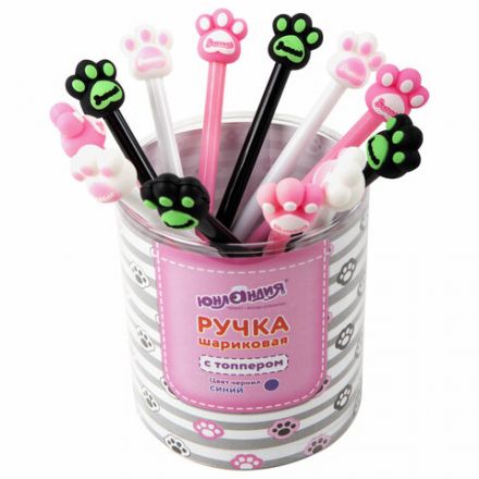 Ручка с топпером шариковая ЮНЛАНДИЯ "Лапка", корпус ассорти, СИНЯЯ, пишущий узел 0,7 мм, 143784