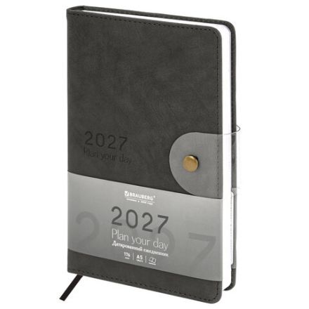 Ежедневник датированный 2027, А5, 138х213 мм, BRAUBERG "Solana", под кожу, кнопка, черный, 118218