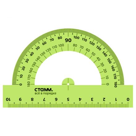 Транспортир 10см, 180° СТАММ, пластиковый, прозрачный, зеленый неон