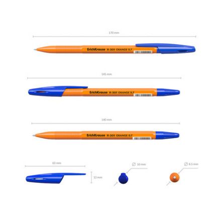 Ручки шариковые ERICH KRAUSE R-301 "Stick Orange", СИНИЕ, набор 8 штук, 0,7 мм, 56614