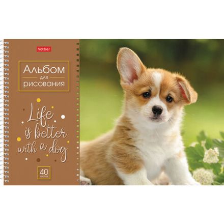 Альбом для рисования А4 40 л., спираль, обложка картон, HATBER, 205х290 мм, "Doggie-Щенки" (4 вида), 067478, 40А4Всп