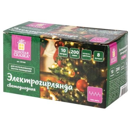 Электрогирлянда-нить комнатная "Стандарт" 10 м, 200 LED, мультицветная 220 V, контроллер, ЗОЛОТАЯ СКАЗКА, 591100 Электрогирлянда-нить комнатная "Стандарт" 10 м, 200 LED, мультицветная 220 V, контроллер, ЗОЛОТАЯ СКАЗКА, 591100