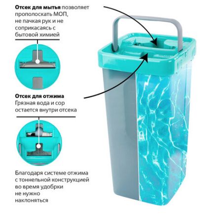 Швабра с отжимом и ведром 9л/7л двухкамерное, 3 насадки из микрофибры, рукоятка 130см, бирюзовый, Compact Mop, LAIMA, 607389 Швабра с отжимом и ведром 9л/7л двухкамерное, 3 насадки из микрофибры, рукоятка 130см, бирюзовый, Compact Mop, LAIMA, 607389