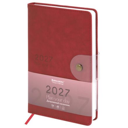 Ежедневник датированный 2027, А5, 138х213 мм, BRAUBERG "Solana", под кожу, кнопка, бургунди, 118219 Ежедневник датированный 2027, А5, 138х213 мм, BRAUBERG "Solana", под кожу, кнопка, бургунди, 118219