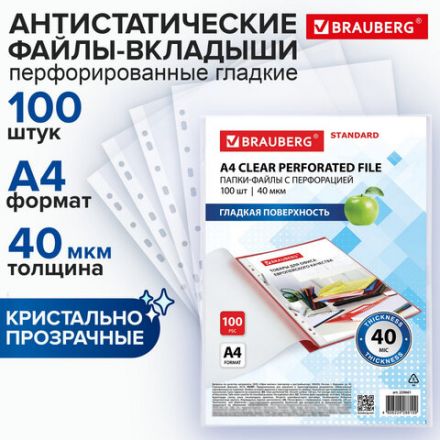 Папки-файлы перфорированные А4 BRAUBERG "STANDARD", КОМПЛЕКТ 100 шт., гладкие, 40 мкм, 229661