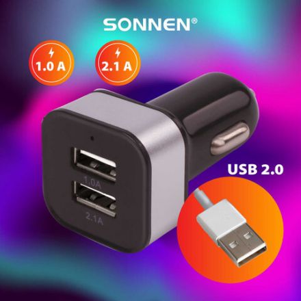 Зарядное устройство автомобильное SONNEN, 2 порта USB, выходной ток 2,1 А, черное-белое, 454796 Зарядное устройство автомобильное SONNEN, 2 порта USB, выходной ток 2,1 А, черное-белое, 454796