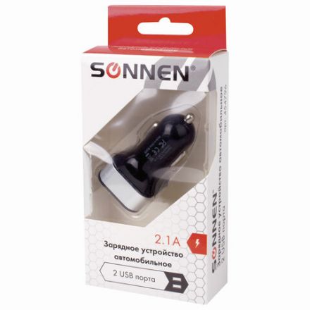 Зарядное устройство автомобильное SONNEN, 2 порта USB, выходной ток 2,1 А, черное-белое, 454796 Зарядное устройство автомобильное SONNEN, 2 порта USB, выходной ток 2,1 А, черное-белое, 454796
