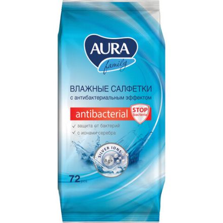 Салфетки влажные, 72 шт., AURA Family, антибактериальные, для всей семьи, 7044 Салфетки влажные, 72 шт., AURA Family, антибактериальные, для всей семьи, 7044