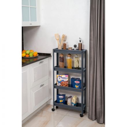 Этажерка М_VIKEA узкая 4-х ярусная на колесах, серый