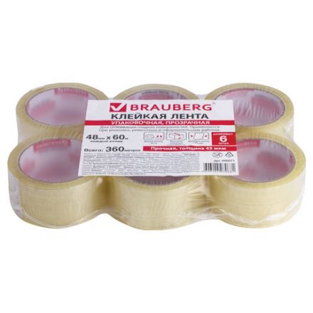 Клейкие ленты упаковочные, 48 мм х 60 м, КОМПЛЕКТ 6 шт., прозрачные, толщина 45 микрон, BRAUBERG, 440071