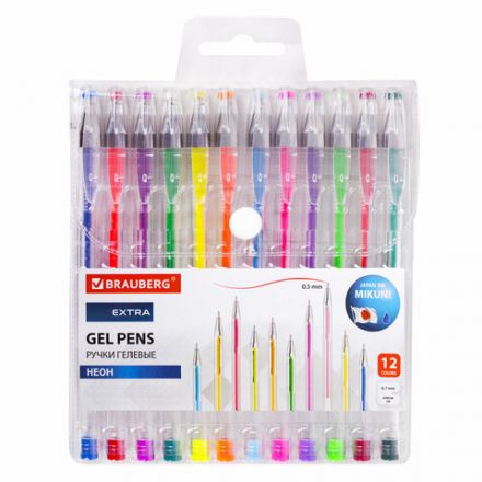 Ручки гелевые НЕОН BRAUBERG "EXTRA", НАБОР 12 ЦВЕТОВ, узел 0,7 мм, линия 0,5 мм, 143912 Ручки гелевые НЕОН BRAUBERG "EXTRA", НАБОР 12 ЦВЕТОВ, узел 0,7 мм, линия 0,5 мм, 143912