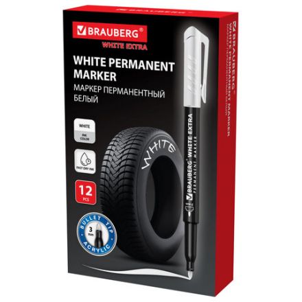 Маркер перманентный BRAUBERG WHITE EXTRA, БЕЛЫЙ, круглый наконечник 3 мм, 152488 Маркер перманентный BRAUBERG WHITE EXTRA, БЕЛЫЙ, круглый наконечник 3 мм, 152488