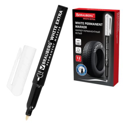 Маркер перманентный BRAUBERG WHITE EXTRA, БЕЛЫЙ, круглый наконечник 3 мм, 152488