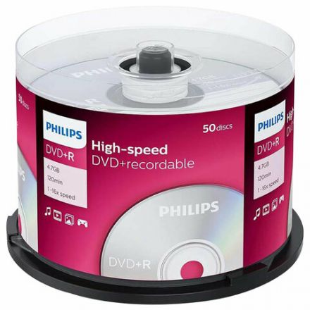 Диск DVD+R (плюс) PHILIPS, 4,7 Гб, 16x, Cake Box (упаковка на шпиле), КОМПЛЕКТ 50 шт., DR4S6B50F/97 Диск DVD+R (плюс) PHILIPS, 4,7 Гб, 16x, Cake Box (упаковка на шпиле), КОМПЛЕКТ 50 шт., DR4S6B50F/97