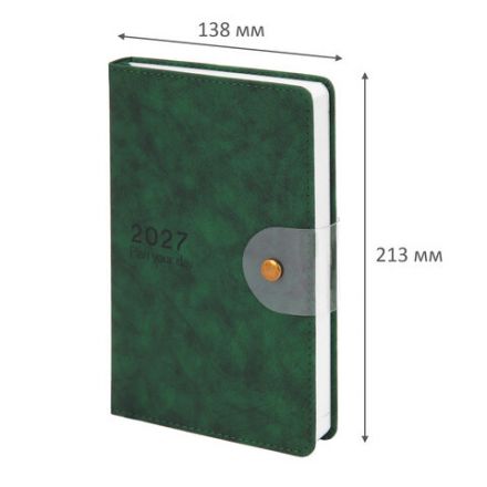 Ежедневник датированный 2027, А5, 138х213 мм, BRAUBERG "Solana", под кожу, кнопка, зеленый, 118220