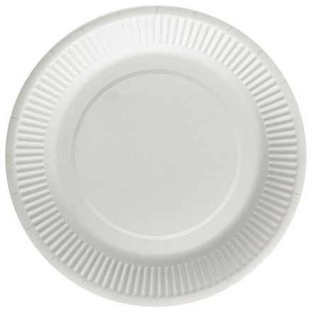 Тарелка одноразовая бумажная 230 мм, КОМПЛЕКТ 100 шт., БЮДЖЕТ, белая мелованная, LAIMA, 608084