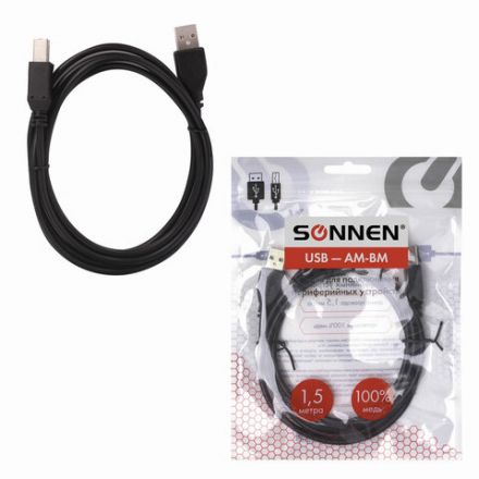 Кабель USB2.0 AM-BM, 1,5 м, SONNEN, медь, для подключения периферийных устройств - принтеров, сканеров, МФУ, плоттеров, черный, 513118 Кабель USB2.0 AM-BM, 1,5 м, SONNEN, медь, для подключения периферийных устройств - принтеров, сканеров, МФУ, плоттеров, черный, 513118