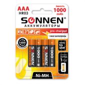 Батарейки аккумуляторные Ni-Mh мизинчиковые КОМПЛЕКТ 4 шт., AAA (HR03) 1000 mAh, SONNEN, 455610 Батарейки аккумуляторные Ni-Mh мизинчиковые КОМПЛЕКТ 4 шт., AAA (HR03) 1000 mAh, SONNEN, 455610