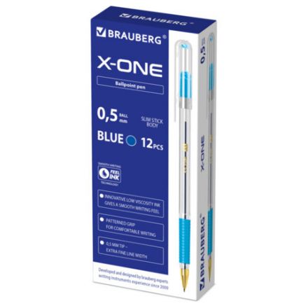 Ручка шариковая с грипом BRAUBERG "X-ONE", СИНЯЯ, корпус прозрачный, узел 0,5 мм, линия письма 0,35 мм, 143985