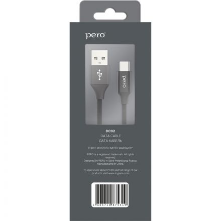 Кабель USB PERO DC-02 Type-C, 3А, 1м, черный