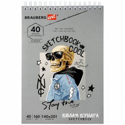 Скетчбук, белая бумага 160 г/м2, 140х201 мм, 40 л., гребень, жесткая подложка, BRAUBERG ART CLASSIC, ассорти, 115071 Скетчбук, белая бумага 160 г/м2, 140х201 мм, 40 л., гребень, жесткая подложка, BRAUBERG ART CLASSIC, ассорти, 115071