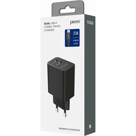 Зарядное устройство сет. PERO TC02 2USB 2.1A c каб. Type-C в компл. черный