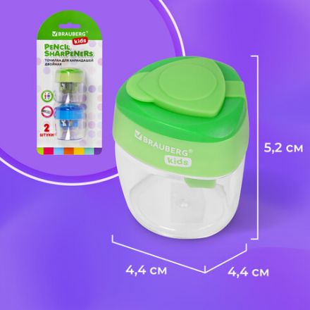 Точилки BRAUBERG KIDS "MAXI", 2 ШТУКИ, 2 отверстия, с большим контейнером, трехгранный корпус, цвета ассорти, блистер, 271947