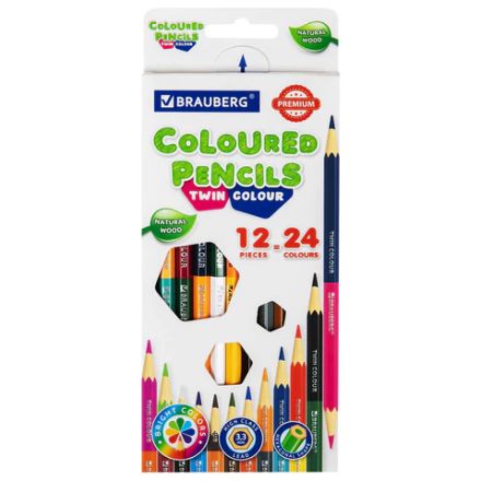 Карандаши цветные двусторонние BRAUBERG PREMIUM TWIN COLOUR, 12 штук, 24 цвета, шестигранные, грифель 3,3 мм, натуральное дерево, 181874 Карандаши цветные двусторонние BRAUBERG PREMIUM TWIN COLOUR, 12 штук, 24 цвета, шестигранные, грифель 3,3 мм, натуральное дерево, 181874