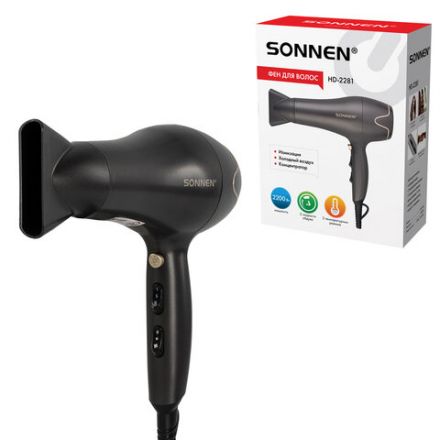 Фен для волос SONNEN HD-2281, 2200 Вт, турмалиновая ионизация, 3 температуры, холодный обдув, 454696