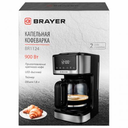 Кофеварка капельная BRAYER BR1124, 900 Вт, объем 1,8 л, LED-дисплей, поддержание температуры, черная Кофеварка капельная BRAYER BR1124, 900 Вт, объем 1,8 л, LED-дисплей, поддержание температуры, черная