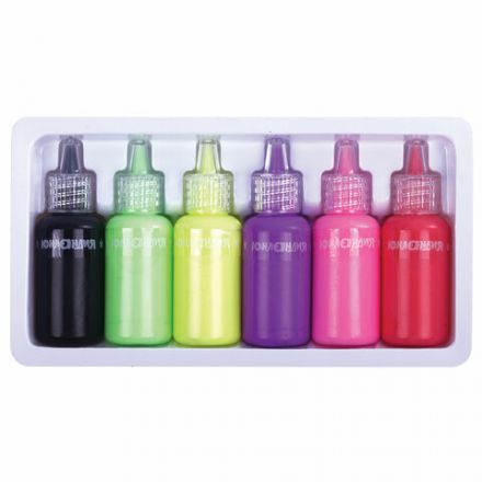 Краски витражные ЮНЛАНДИЯ "НЕОНЧИКИ", 5 цветов светящихся в темноте + 1 черный, 20 мл, шаблоны, 191760