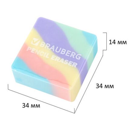 Ластик кросс-серия PASTEL, 34х34х14 мм, квадратный, ассорти, ЭКО ПВХ, BRAUBERG, 273210