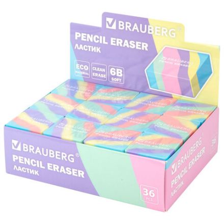 Ластик кросс-серия PASTEL, 34х34х14 мм, квадратный, ассорти, ЭКО ПВХ, BRAUBERG, 273210