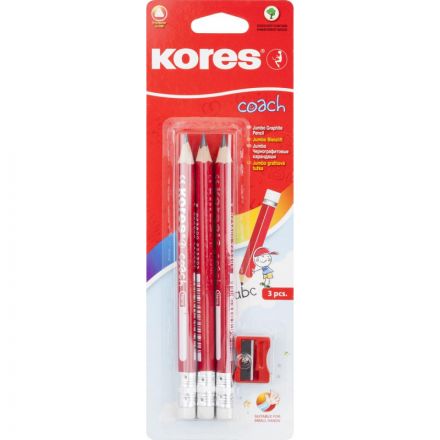 Набор чернографитных карандашей Kores Jumbo HB заточенные с ластиком (3 штуки в упаковке + точилка)