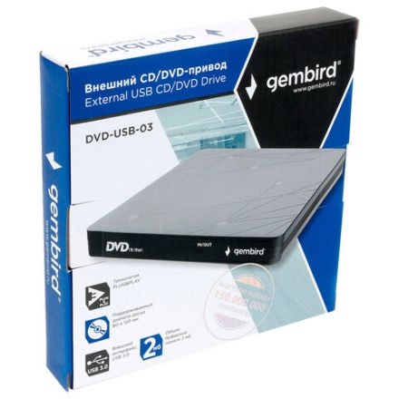 Внешний оптический привод CD/DVD GEMBIRD USB 3.0, пластик, черный, DVD-USB-03 Внешний оптический привод CD/DVD GEMBIRD USB 3.0, пластик, черный, DVD-USB-03