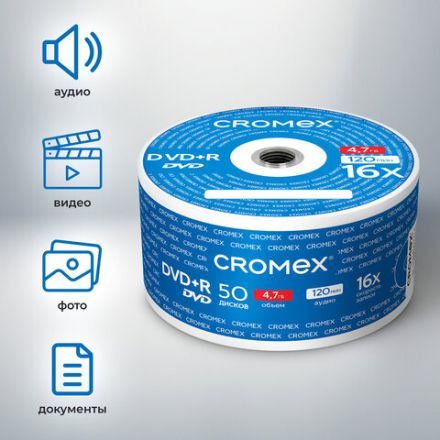 Диски DVD+R (плюс) CROMEX (КРОМЕКС), 4,7 Gb, 16x, Bulk (термоусадка без шпиля), КОМПЛЕКТ 50 шт., 513774