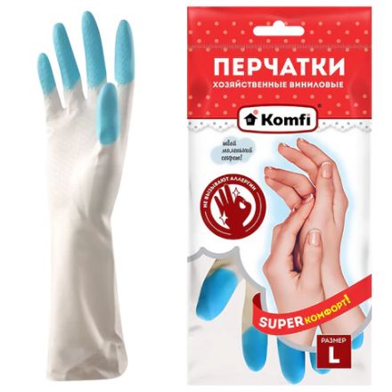 Перчатки МНОГОРАЗОВЫЕ виниловые SUPER КОМФОРТ, гипоаллергенные, размер 8-9, L (большой), вес 90 г, Komfi, ADM, 25591