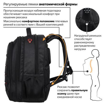 Рюкзак BRAUBERG FUNCTIONAL с отделением для ноутбука, 3 отделения, нагрудный ремешок, "Flagman", 46х35х25 см, 224454