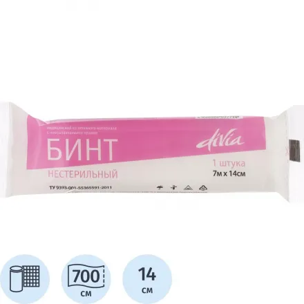 Бинт нестерильный 7 м × 14 см, плотность 30 г неткан. мат-ла, WS/DIVA, инд.уп ШК32979/37714