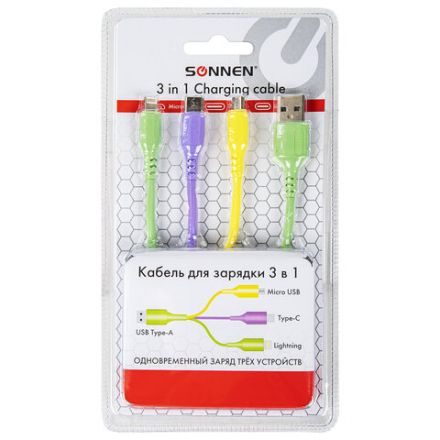 Кабель для зарядки 3 в 1 USB 2.0-Micro USB/Type-C/Lightning, 1 м, SONNEN, медь, 513562 Кабель для зарядки 3 в 1 USB 2.0-Micro USB/Type-C/Lightning, 1 м, SONNEN, медь, 513562
