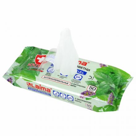Салфетки влажные 50 шт., АНТИБАКТЕРИАЛЬНЫЕ, с экстрактом мяты, LAIMA "Antibacterial", 128078 Салфетки влажные 50 шт., АНТИБАКТЕРИАЛЬНЫЕ, с экстрактом мяты, LAIMA "Antibacterial", 128078