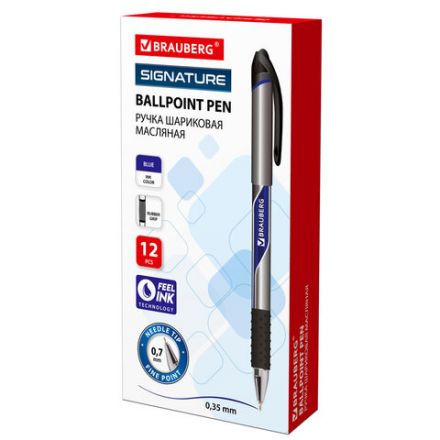 Ручка шариковая масляная с грипом BRAUBERG "Signature", СИНЯЯ, печать, узел 0,7 мм, линия письма 0,35 мм, 142688