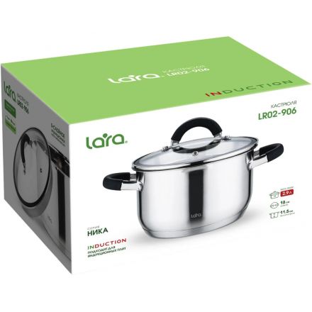 Кастрюля LARA (нерж) НИКА 18х11.5см 2.9л,индукц дно, крыш стекло/дуршлаг