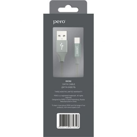 Кабель USB PERO DC-02 Type-C, 3А, 1м, серый