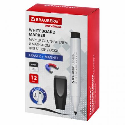 Маркер стираемый на магните со стирателем для белой доски ЧЕРНЫЙ, BRAUBERG "UNIVERSAL", 3 мм, 152490 Маркер стираемый на магните со стирателем для белой доски ЧЕРНЫЙ, BRAUBERG "UNIVERSAL", 3 мм, 152490