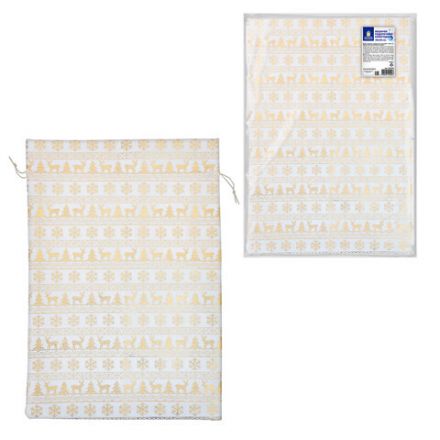 Подарочный мешок (1 шт.) новогодний, 30х45 см, "X-Mas Pattern", под лён, фольга, ЗОЛОТАЯ СКАЗКА, 592536