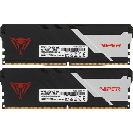 Модуль памяти Patriot Viper DDR5 DIMM 32GB(2x16Gb) 6600MHz(PVV532G660C34K) Модуль памяти Patriot Viper DDR5 DIMM 32GB(2x16Gb) 6600MHz(PVV532G660C34K)